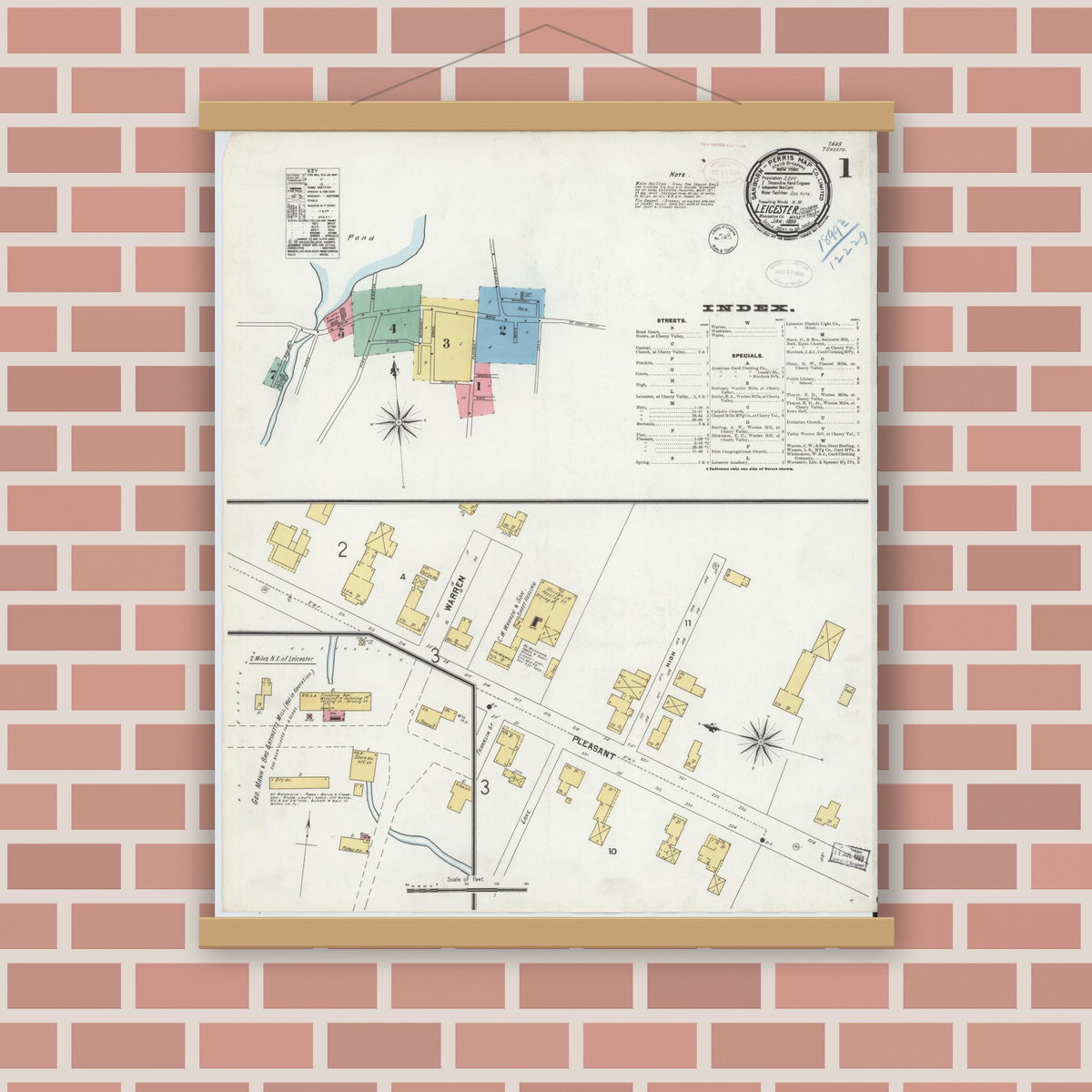 Old map wall art mockup — magnetic wood frame on brick wall — Sanborn Fire Insurance Map from Leicester, Worcester County, Massachusetts (1889) - Complete Map Set