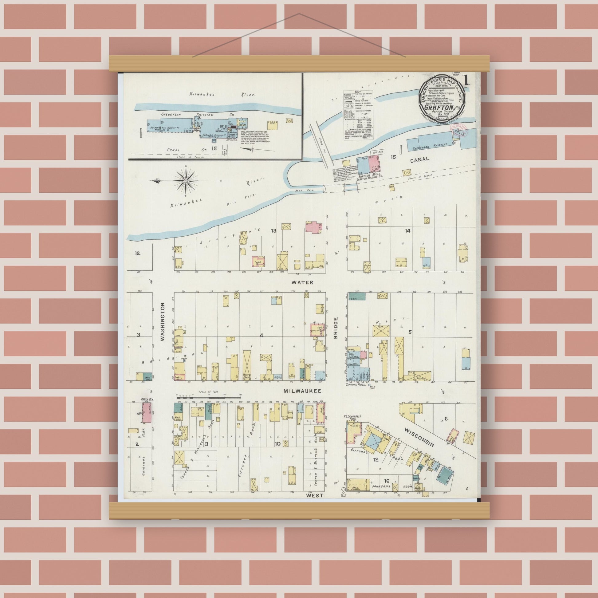 Old map wall art mockup — magnetic wood frame on brick wall — Sanborn Fire Insurance Map from Grafton, Ozankee County, Wisconsin (1894) - Complete Map Set