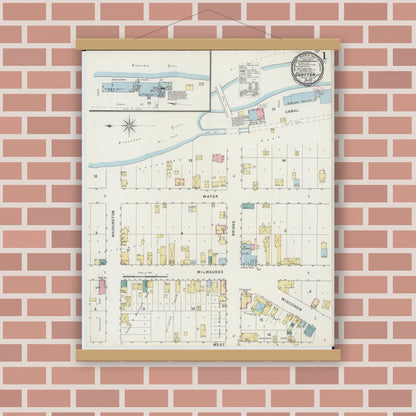 Old map wall art mockup — magnetic wood frame on brick wall — Sanborn Fire Insurance Map from Grafton, Ozankee County, Wisconsin (1894) - Complete Map Set