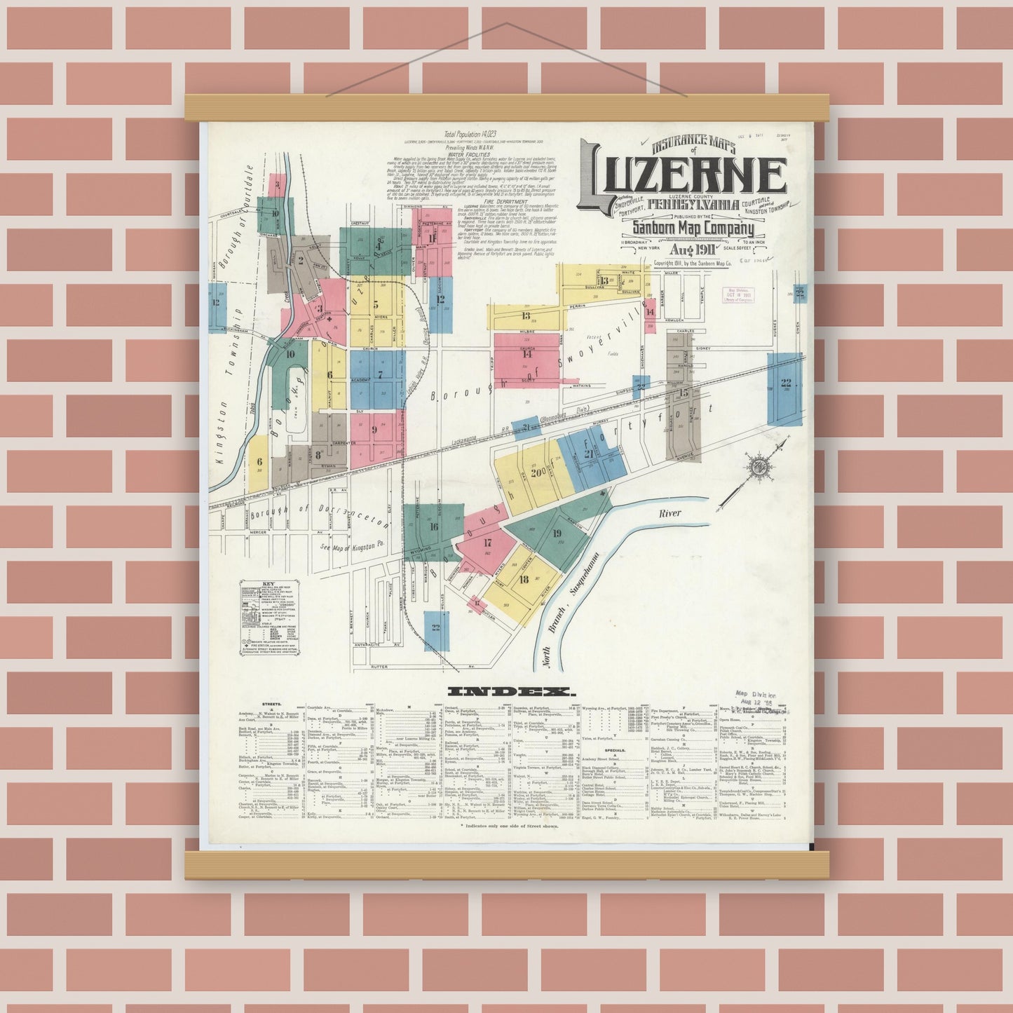 Old map wall art mockup — magnetic wood frame on brick wall — Sanborn Fire Insurance Map from Luzerne, Luzerne County, Pennsylvania (1911) - Complete Map Set