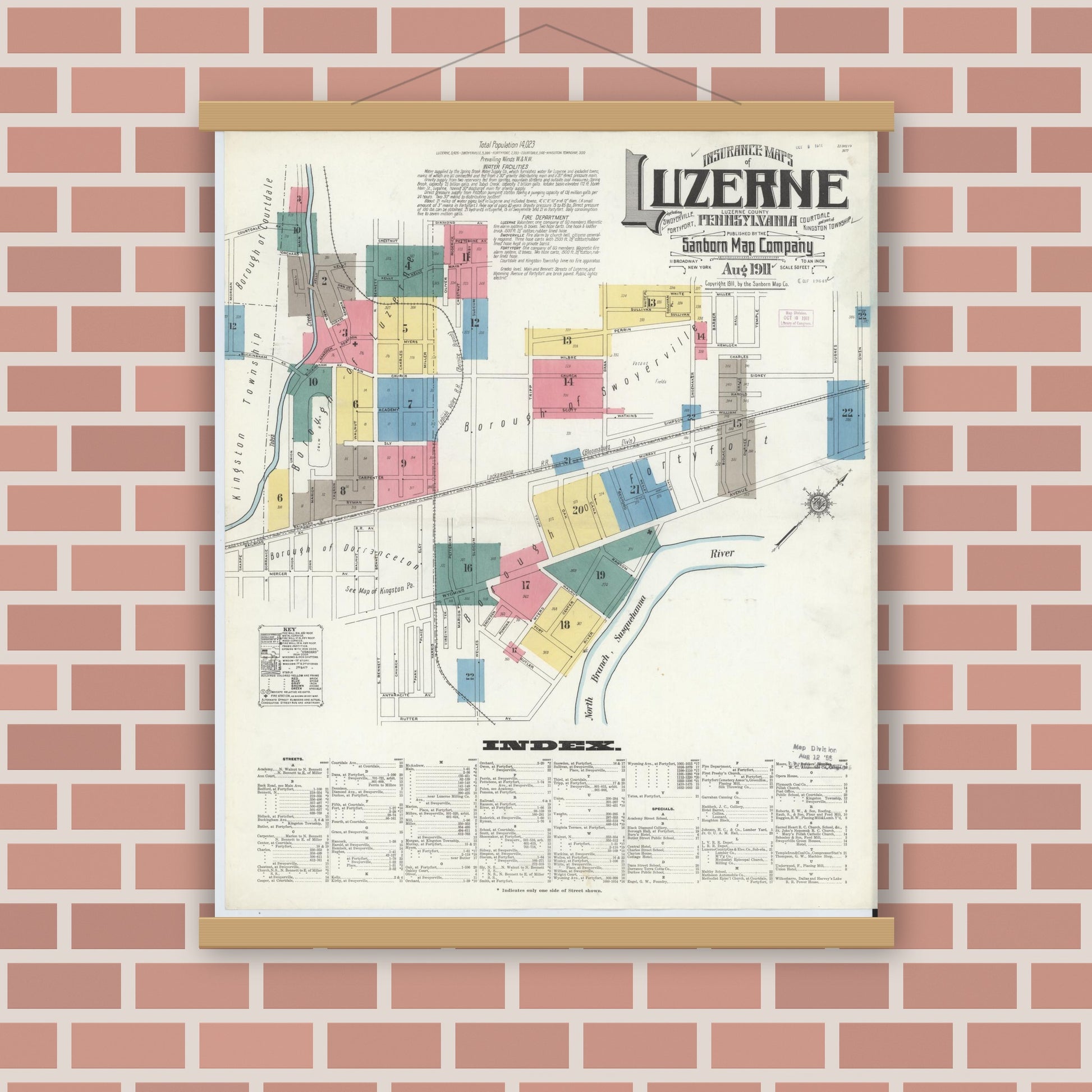 Old map wall art mockup — magnetic wood frame on brick wall — Sanborn Fire Insurance Map from Luzerne, Luzerne County, Pennsylvania (1911) - Complete Map Set