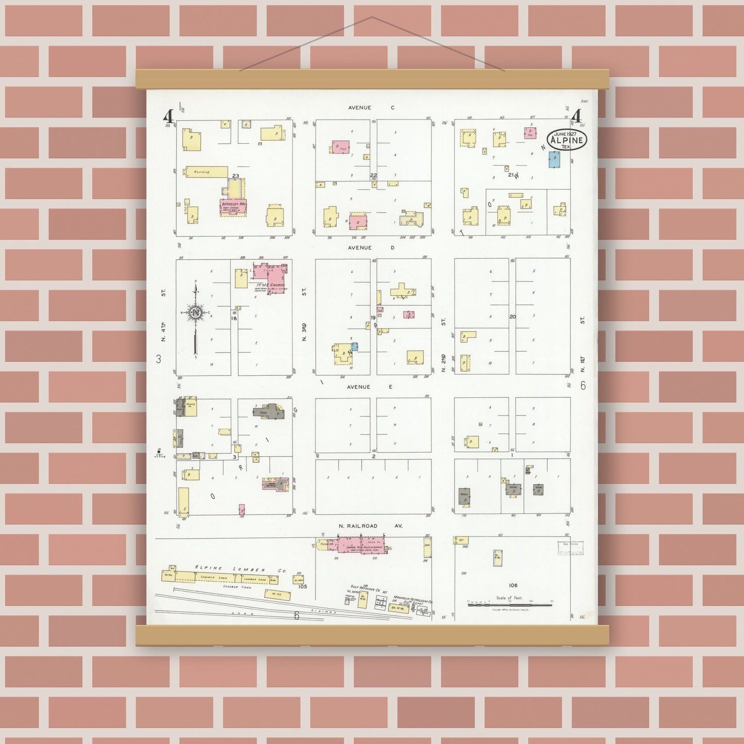 Old map wall art mockup — magnetic wood frame on brick wall — Sanborn Fire Insurance Map from Alpine, Brewster County, Texas (1927), Sheet #0004
