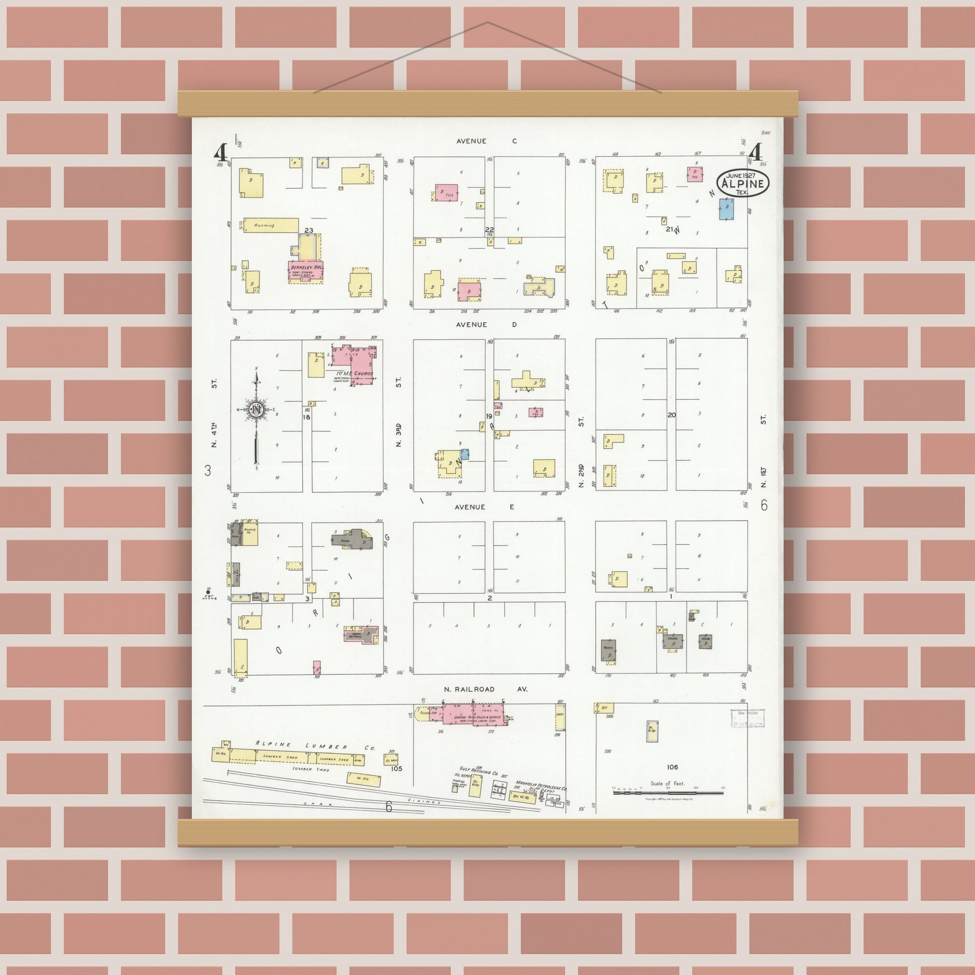 Old map wall art mockup — magnetic wood frame on brick wall — Sanborn Fire Insurance Map from Alpine, Brewster County, Texas (1927), Sheet #0004