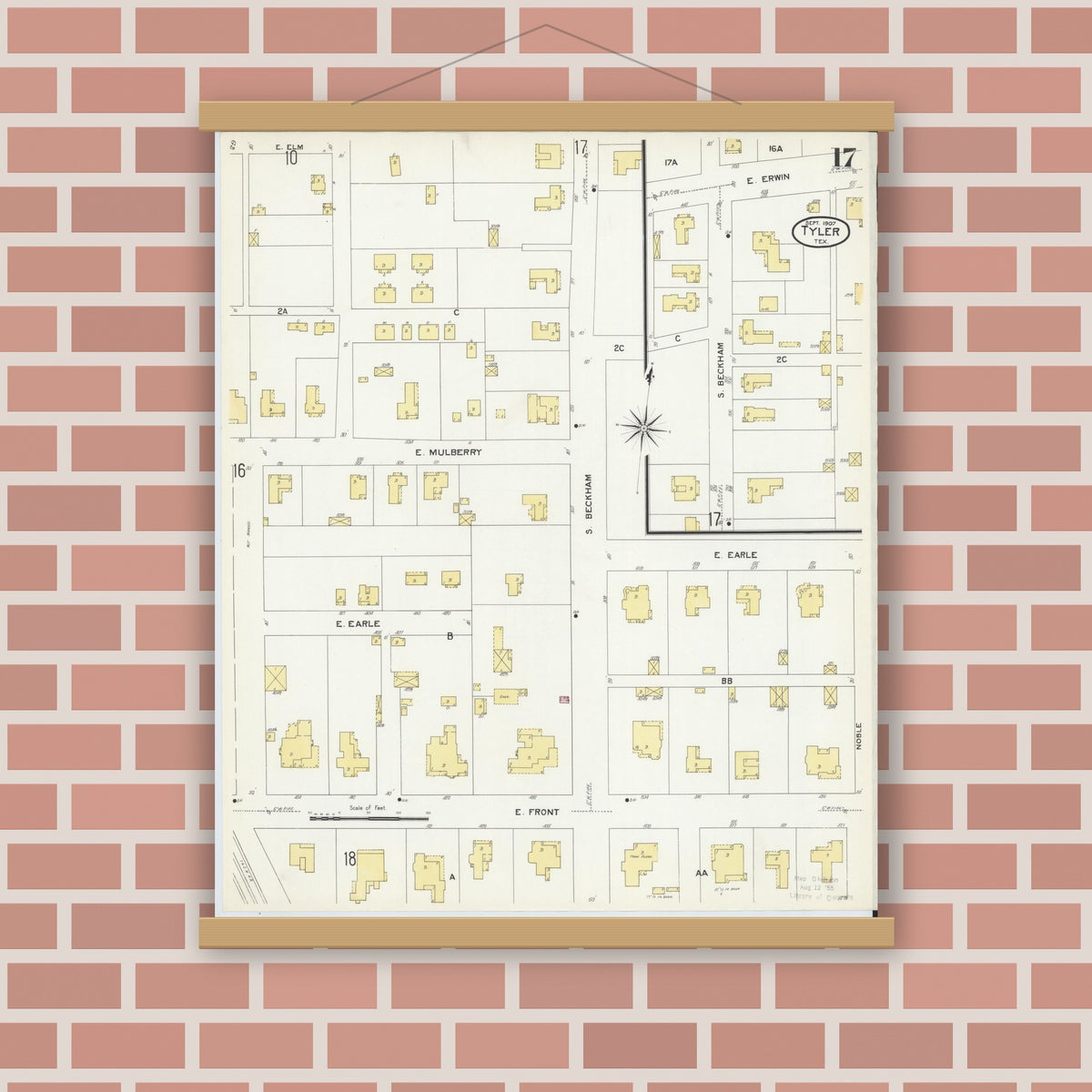 Old map wall art mockup — magnetic wood frame on brick wall — Sanborn Fire Insurance Map from Tyler, Smith County, Texas (1907), Sheet #0017