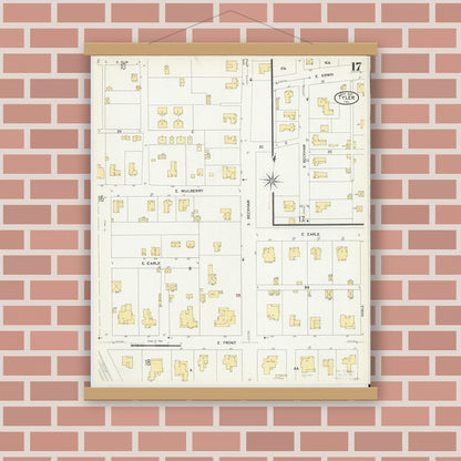Old map wall art mockup — magnetic wood frame on brick wall — Sanborn Fire Insurance Map from Tyler, Smith County, Texas (1907), Sheet #0017