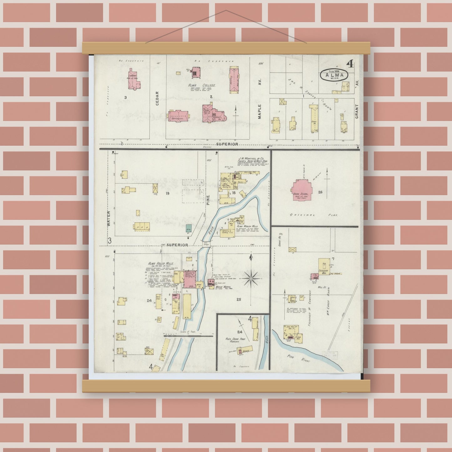 Old map wall art mockup — magnetic wood frame on brick wall — Sanborn Fire Insurance Map from Alma, Gratiot County, Michigan (1896), Sheet #0004