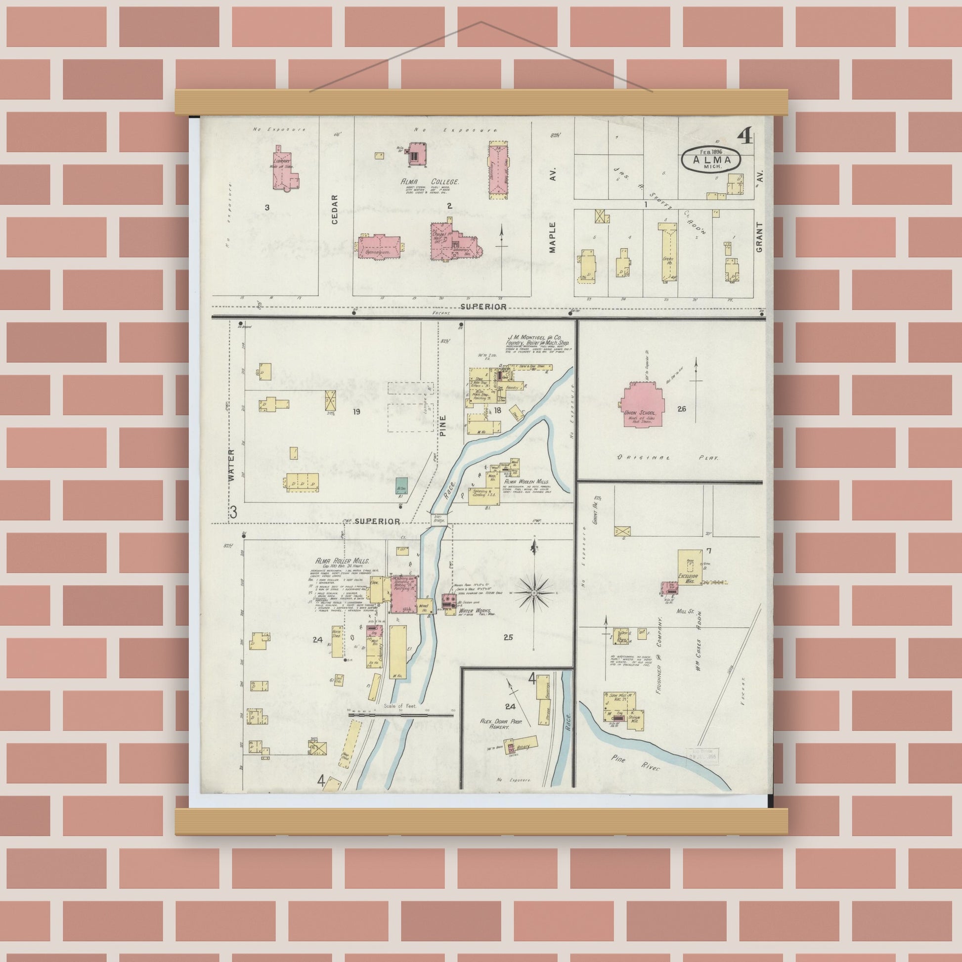 Old map wall art mockup — magnetic wood frame on brick wall — Sanborn Fire Insurance Map from Alma, Gratiot County, Michigan (1896), Sheet #0004