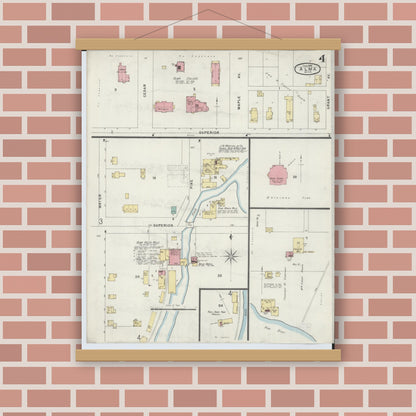Old map wall art mockup — magnetic wood frame on brick wall — Sanborn Fire Insurance Map from Alma, Gratiot County, Michigan (1896), Sheet #0004