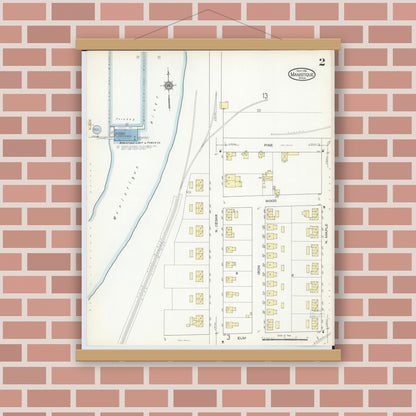 Old map wall art mockup — magnetic wood frame on brick wall — Sanborn Fire Insurance Map from Manistique, Schoolcraft County, Michigan (1914), Sheet #0002