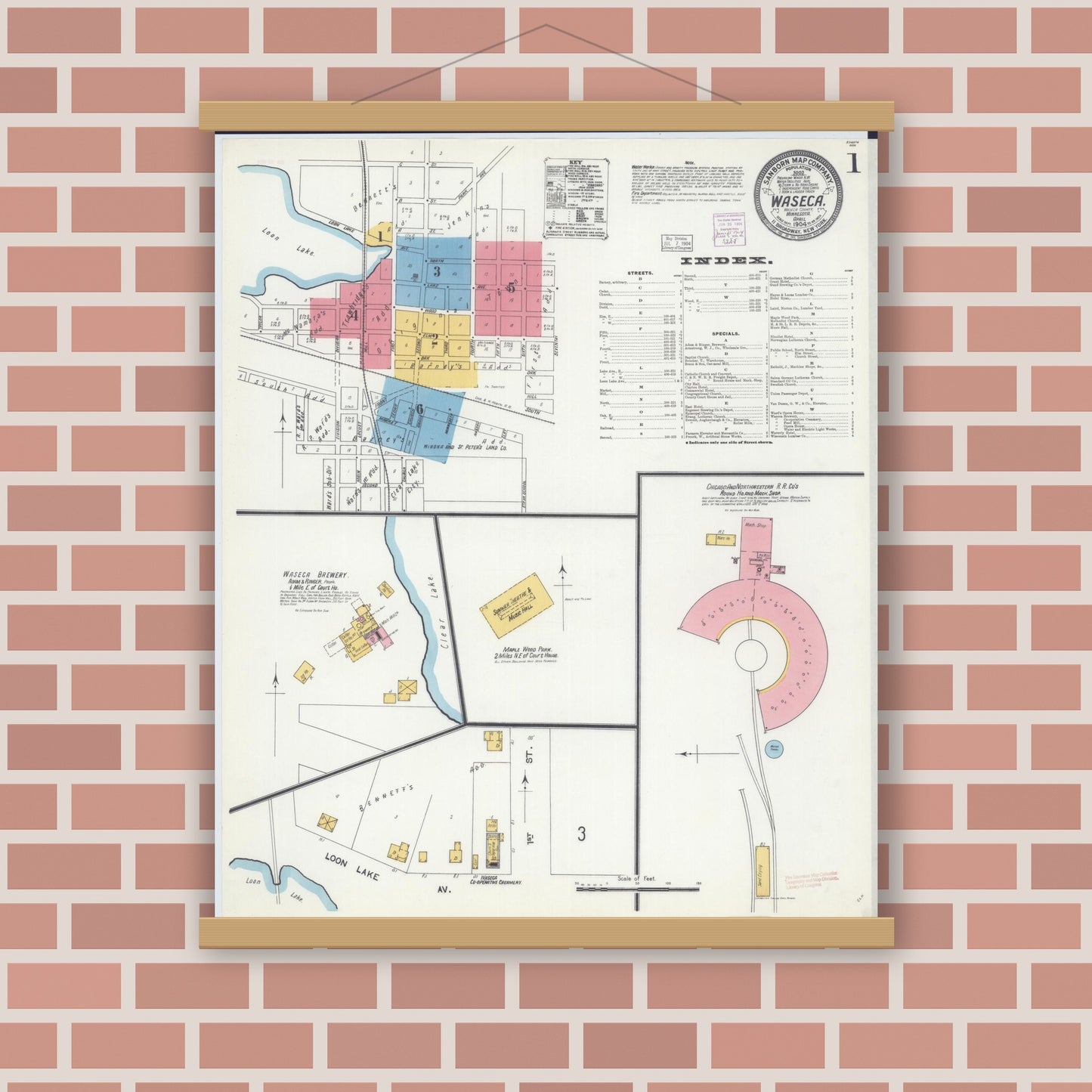 Old map wall art mockup — magnetic wood frame on brick wall — Sanborn Fire Insurance Map from Waseca, Waseca County, Minnesota (1904) - Complete Map Set