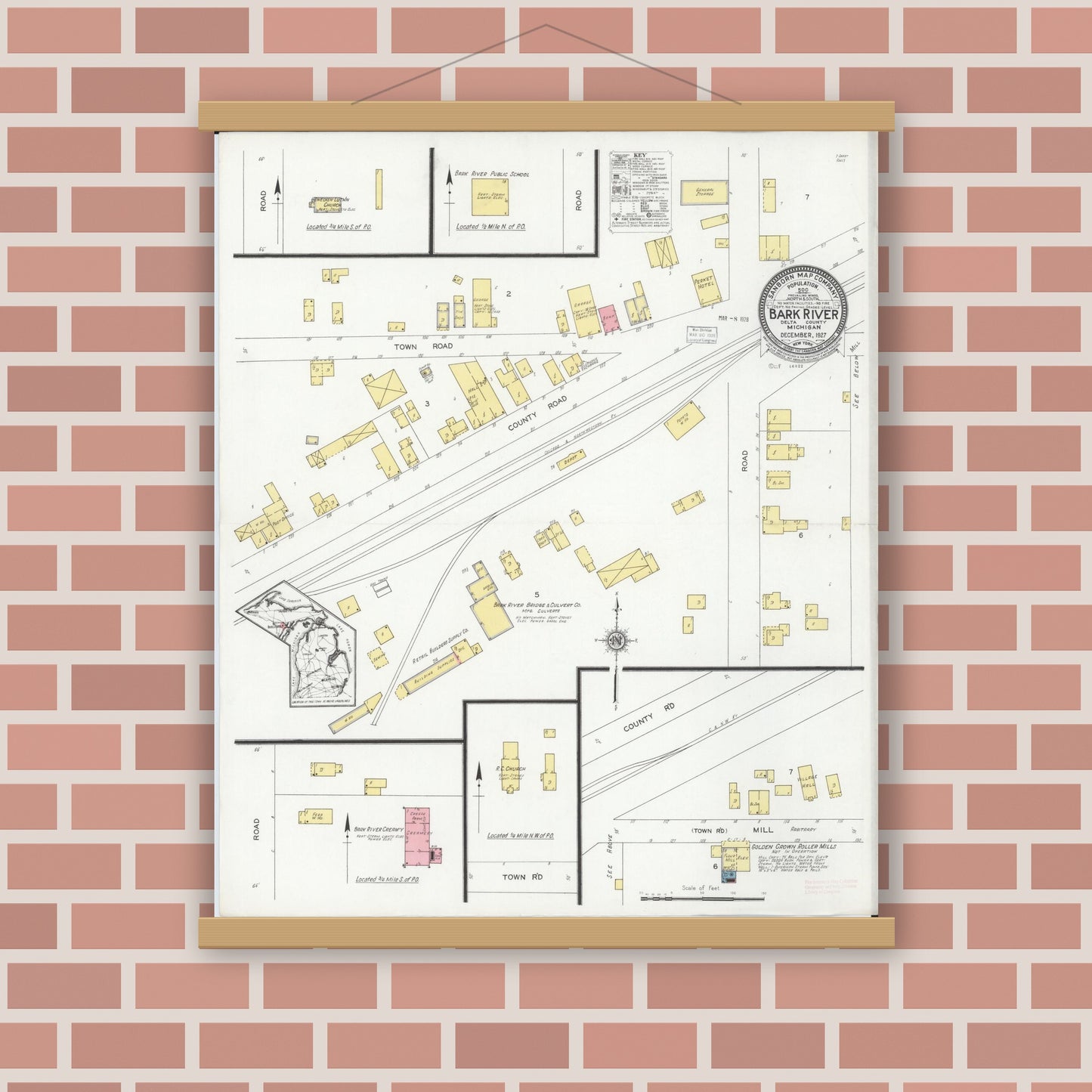 Old map wall art mockup — magnetic wood frame on brick wall — Sanborn Fire Insurance Map from Bark River, Delta County, Michigan (1927), Sheet #0001