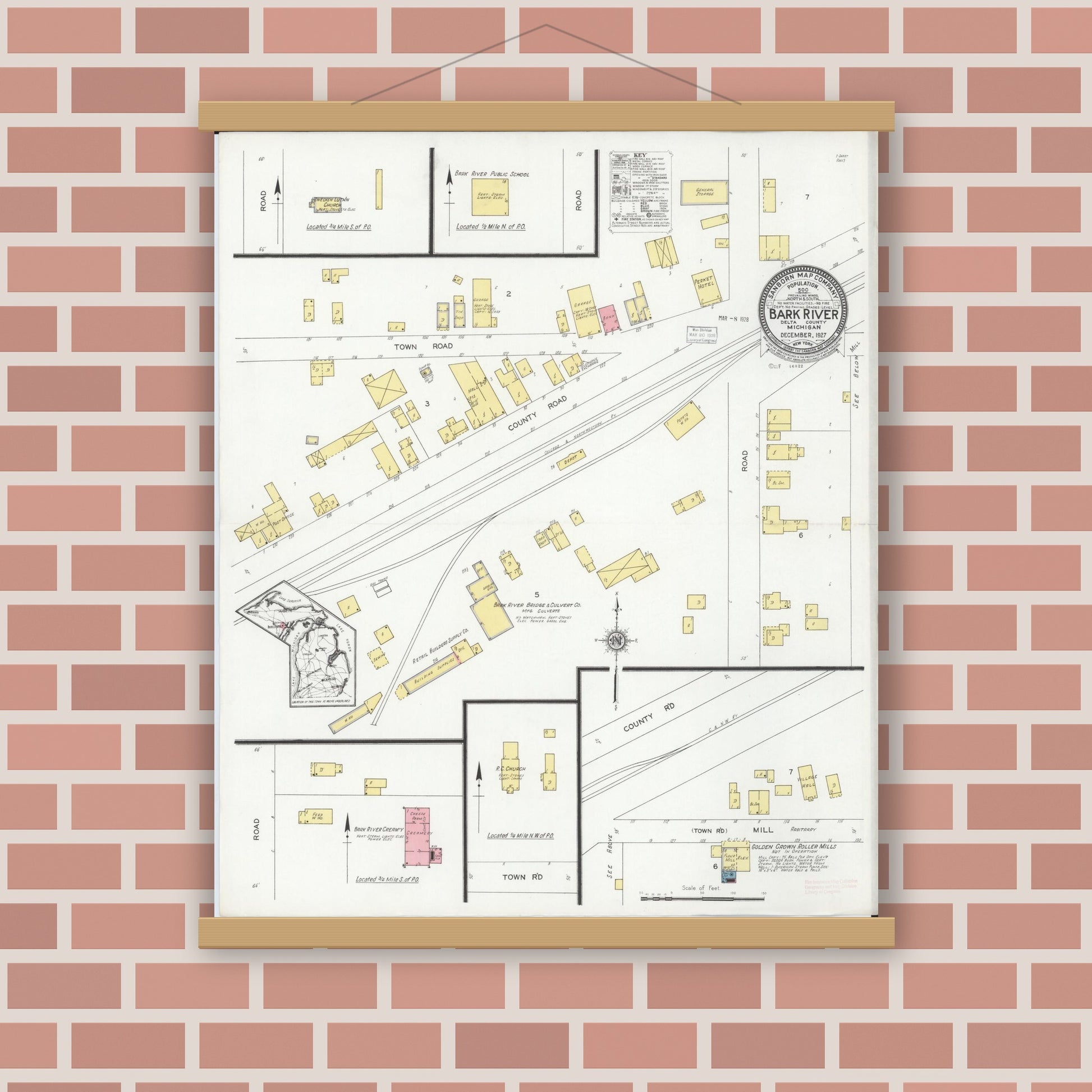 Old map wall art mockup — magnetic wood frame on brick wall — Sanborn Fire Insurance Map from Bark River, Delta County, Michigan (1927), Sheet #0001