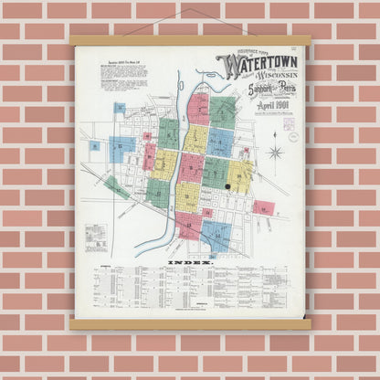 Old map wall art mockup — magnetic wood frame on brick wall — Sanborn Fire Insurance Map from Watertown, Jefferson County, Wisconsin (1901), Sheet #0001