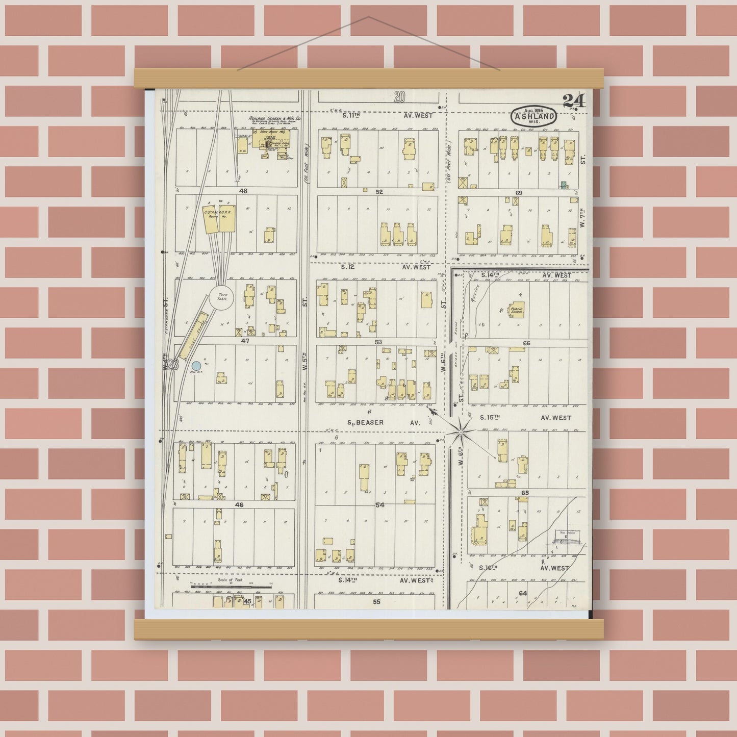 Old map wall art mockup — magnetic wood frame on brick wall — Sanborn Fire Insurance Map from Ashland, Ashland County, Wisconsin (1895), Sheet #0024