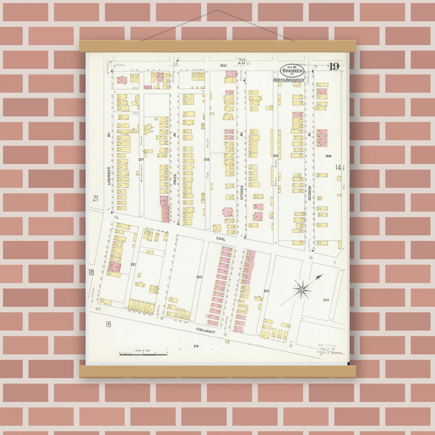 Old map wall art mockup — magnetic wood frame on brick wall — Sanborn Fire Insurance Map from Braddock, Allegheny County, Pennsylvania (1908), Sheet #0019
