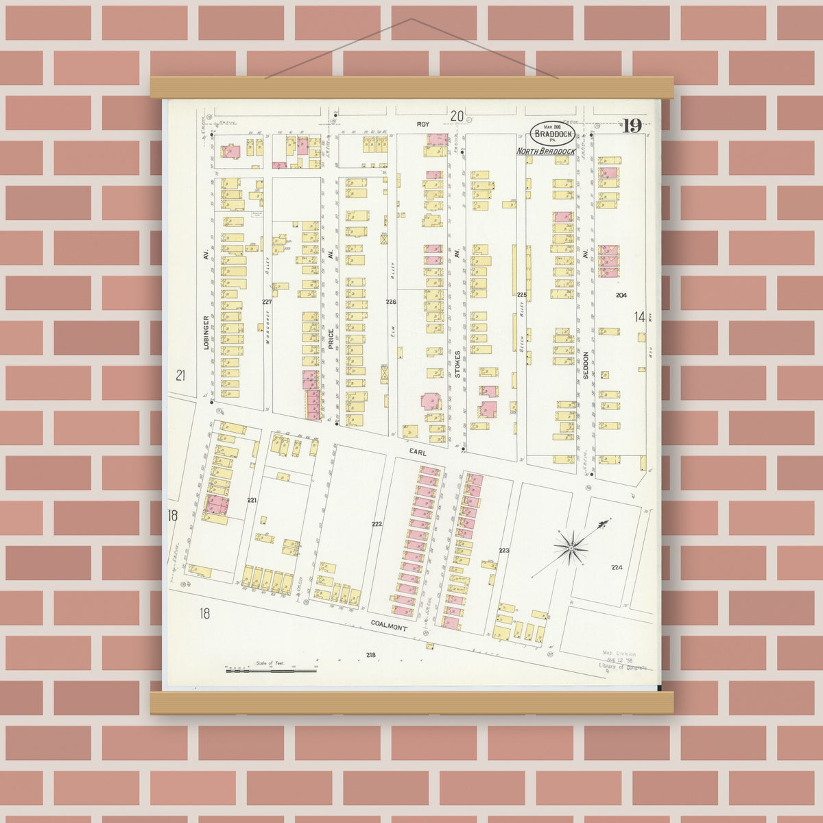 Old map wall art mockup — magnetic wood frame on brick wall — Sanborn Fire Insurance Map from Braddock, Allegheny County, Pennsylvania (1908), Sheet #0019