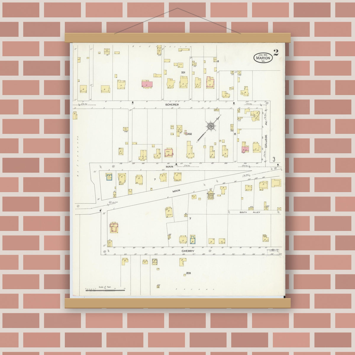 Old map wall art mockup — magnetic wood frame on brick wall — Sanborn Fire Insurance Map from Marion, Smyth County, Virginia (1913), Sheet #0002