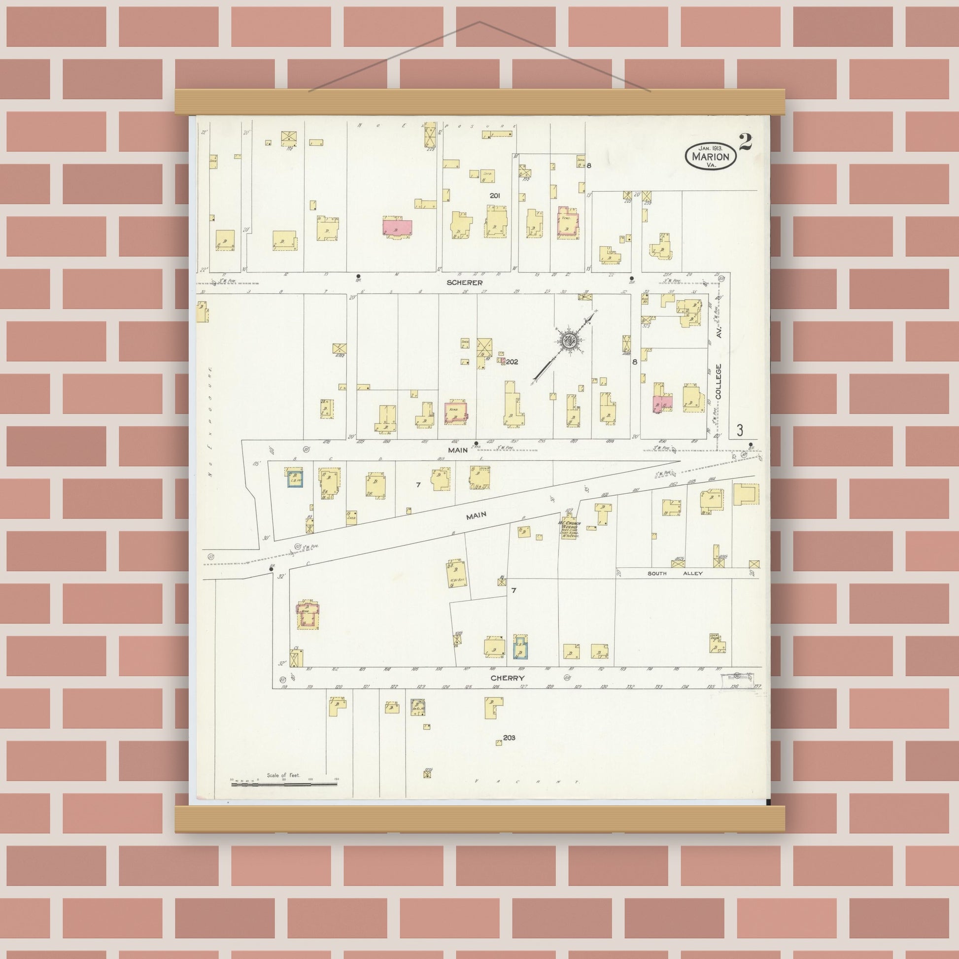 Old map wall art mockup — magnetic wood frame on brick wall — Sanborn Fire Insurance Map from Marion, Smyth County, Virginia (1913), Sheet #0002