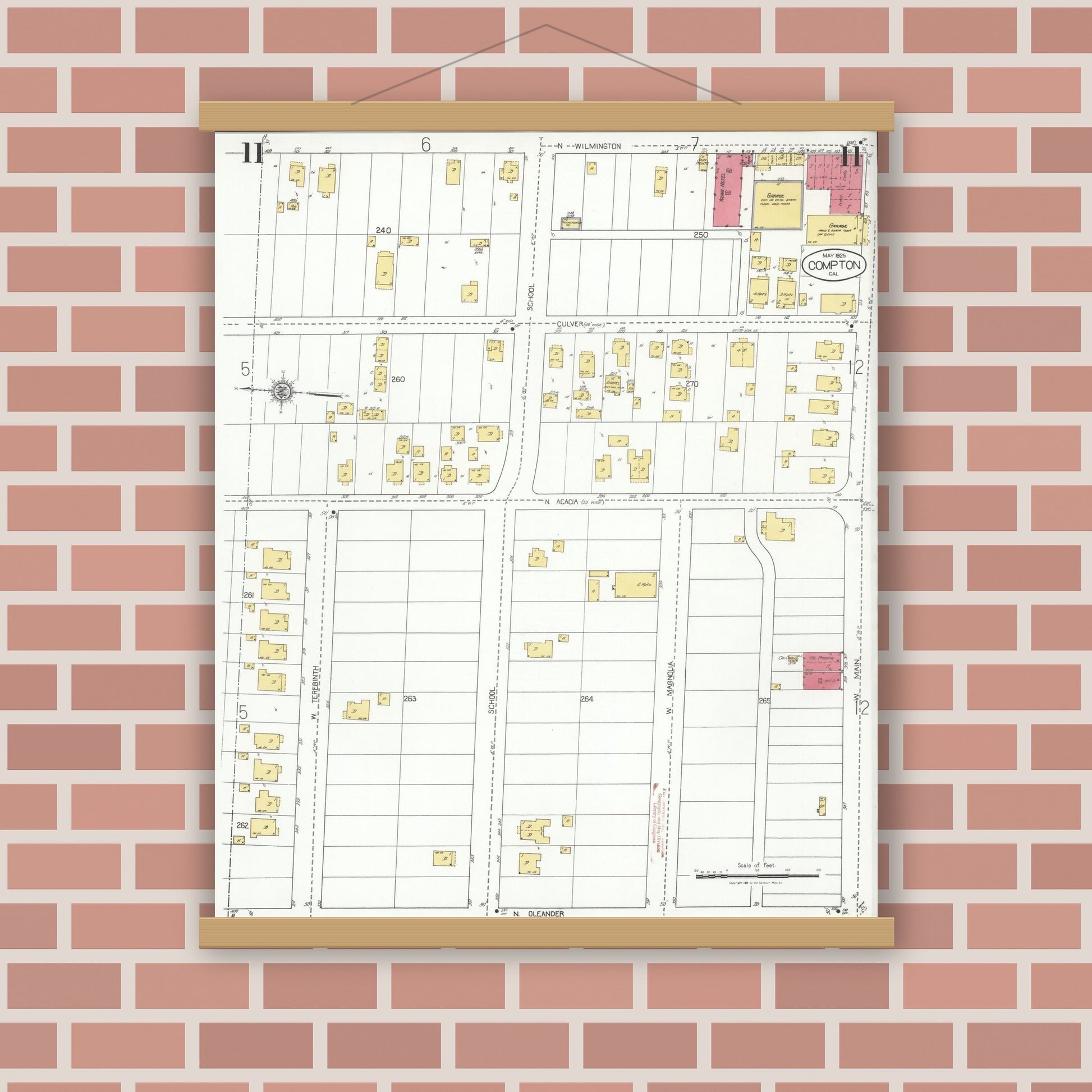 Old map wall art mockup — magnetic wood frame on brick wall — Sanborn Fire Insurance Map from Compton, Los Angeles County, California (1925), Sheet #0011