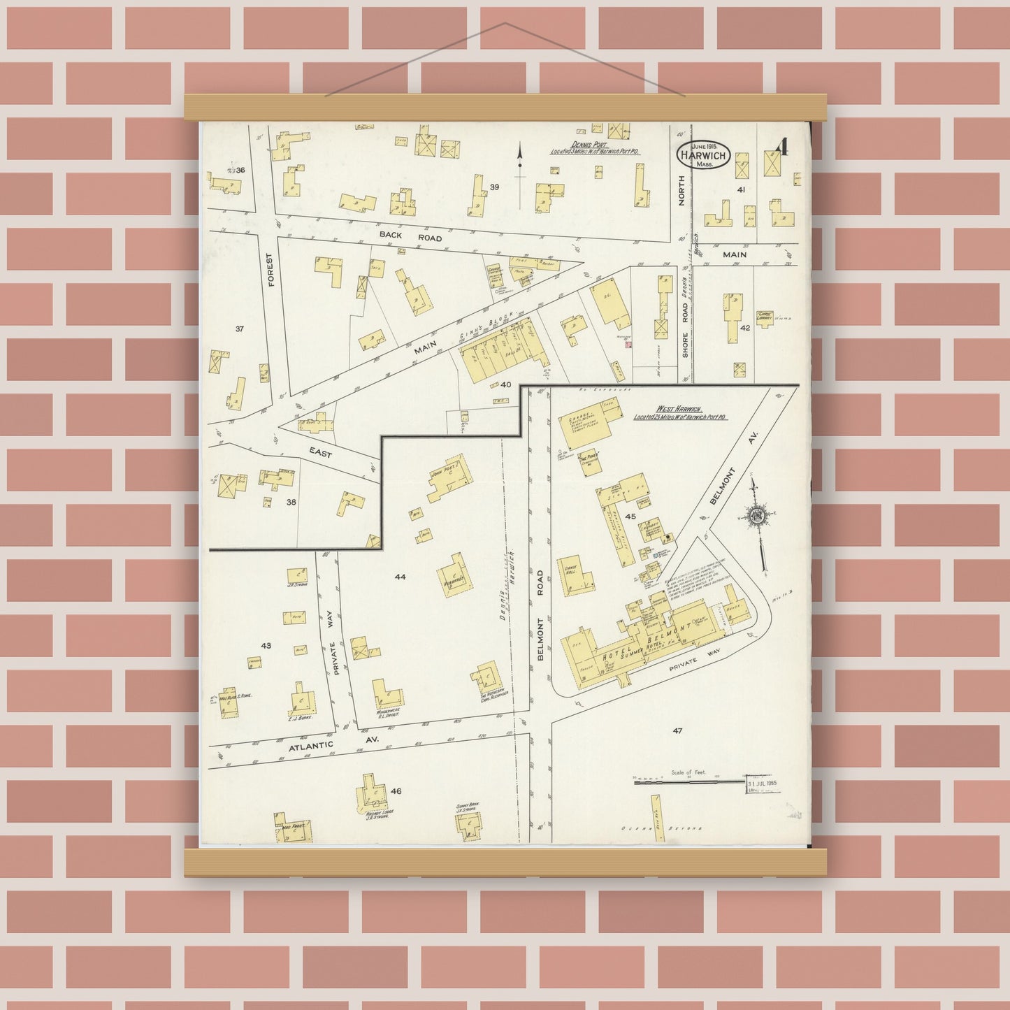 Old map wall art mockup — magnetic wood frame on brick wall — Sanborn Fire Insurance Map from Harwich, Barnstable County, Massachusetts (1915), Sheet #0004