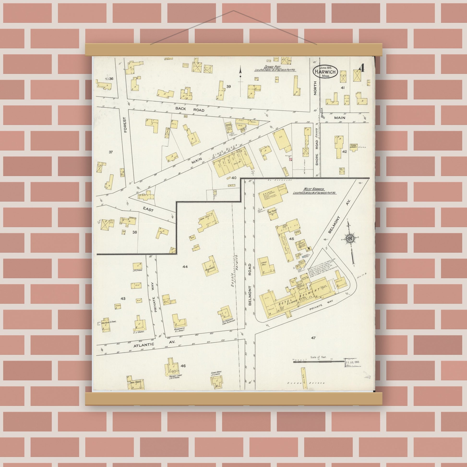 Old map wall art mockup — magnetic wood frame on brick wall — Sanborn Fire Insurance Map from Harwich, Barnstable County, Massachusetts (1915), Sheet #0004