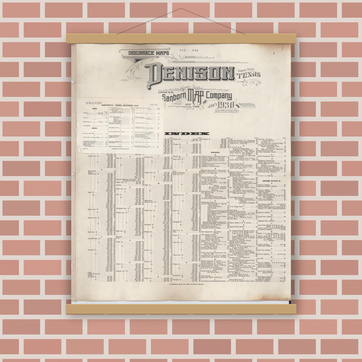 Old map wall art mockup — magnetic wood frame on brick wall — Sanborn Fire Insurance Map from Denison, Grayson County, Texas (1949), Sheet #0001