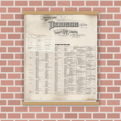 Old map wall art mockup — magnetic wood frame on brick wall — Sanborn Fire Insurance Map from Denison, Grayson County, Texas (1949), Sheet #0001