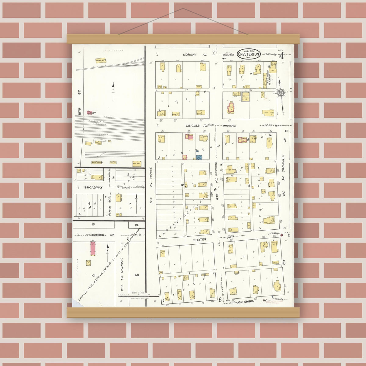 Old map wall art mockup — magnetic wood frame on brick wall — Sanborn Fire Insurance Map from Chesterton, Porter County, Indiana (1922), Sheet #0004