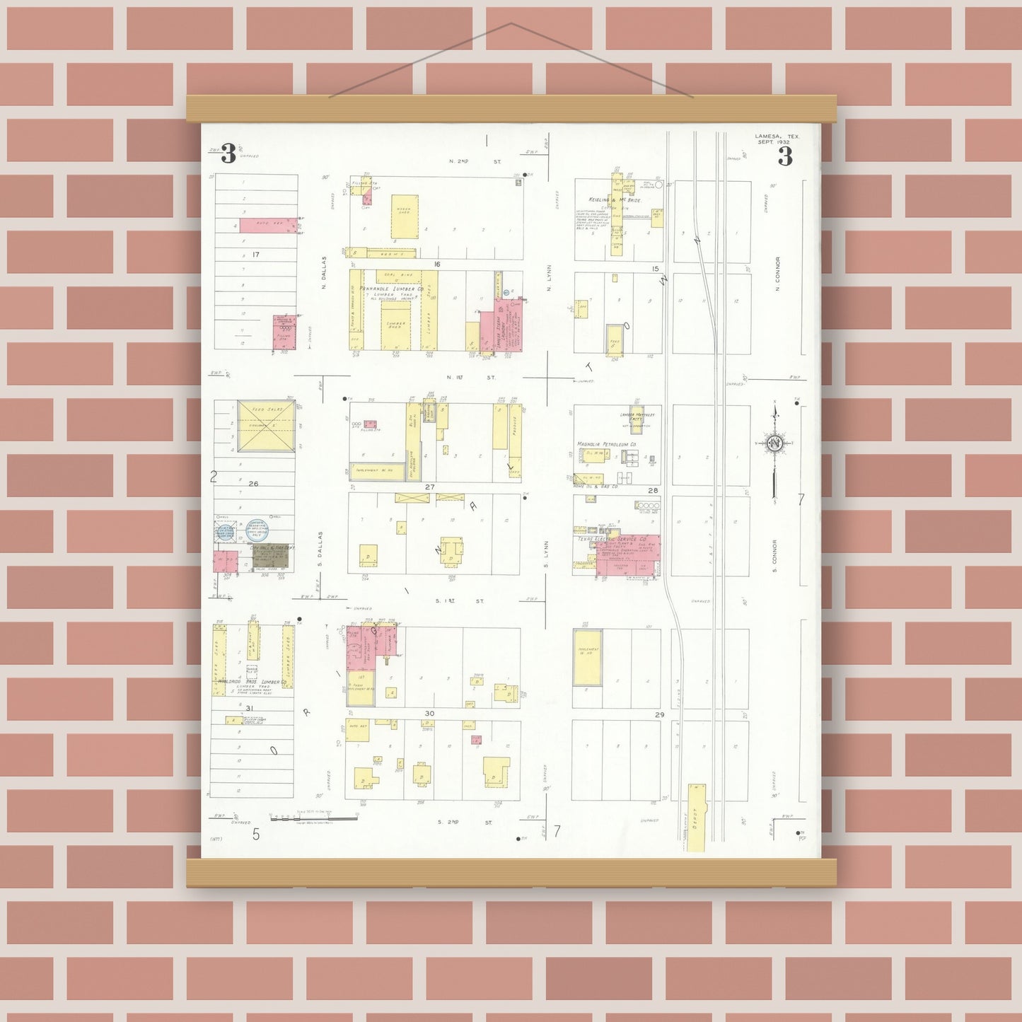 Old map wall art mockup — magnetic wood frame on brick wall — Sanborn Fire Insurance Map from Lamesa, Dawson County, Texas (1932), Sheet #0003