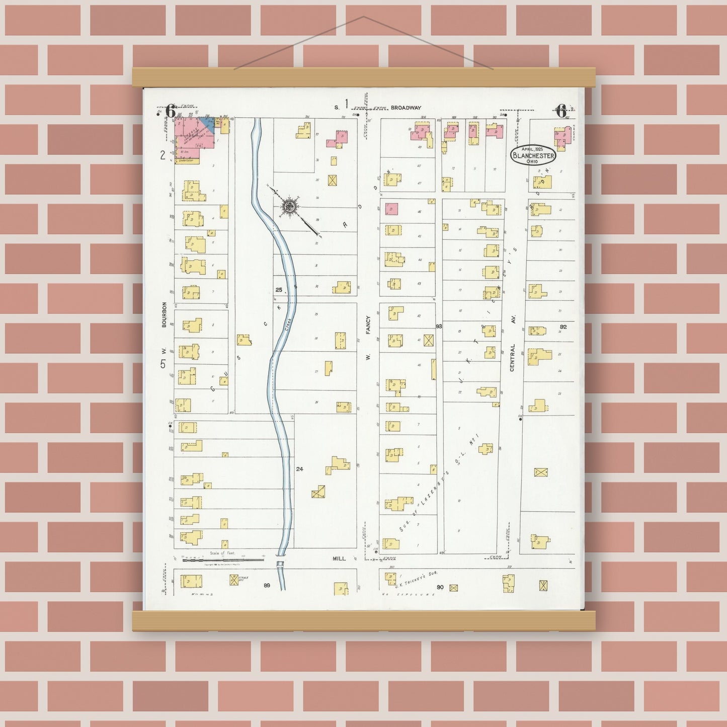Old map wall art mockup — magnetic wood frame on brick wall — Sanborn Fire Insurance Map from Blanchester, Clinton County, Ohio (1925), Sheet #0006