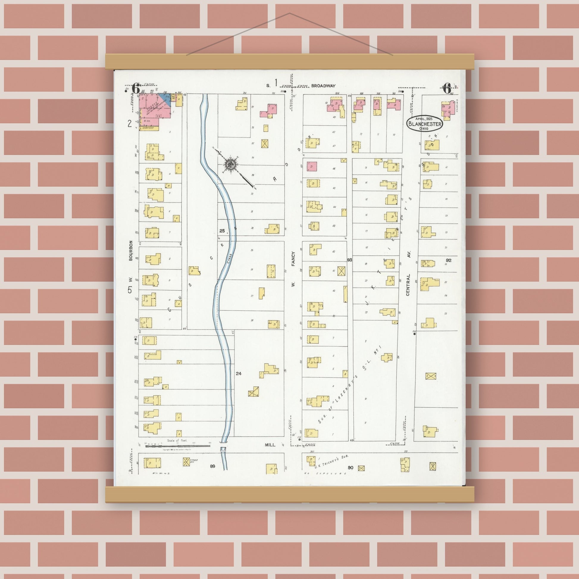 Old map wall art mockup — magnetic wood frame on brick wall — Sanborn Fire Insurance Map from Blanchester, Clinton County, Ohio (1925), Sheet #0006