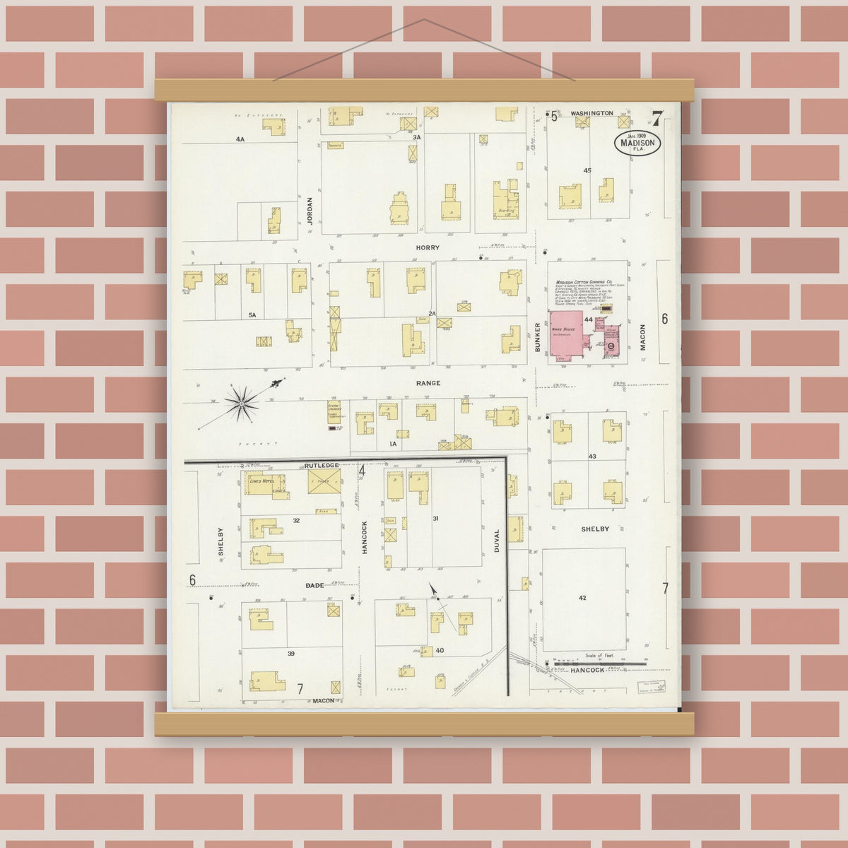 Old map wall art mockup — magnetic wood frame on brick wall — Sanborn Fire Insurance Map from Madison, Madison County, Florida (1909), Sheet #0007
