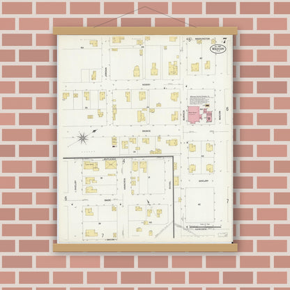 Old map wall art mockup — magnetic wood frame on brick wall — Sanborn Fire Insurance Map from Madison, Madison County, Florida (1909), Sheet #0007