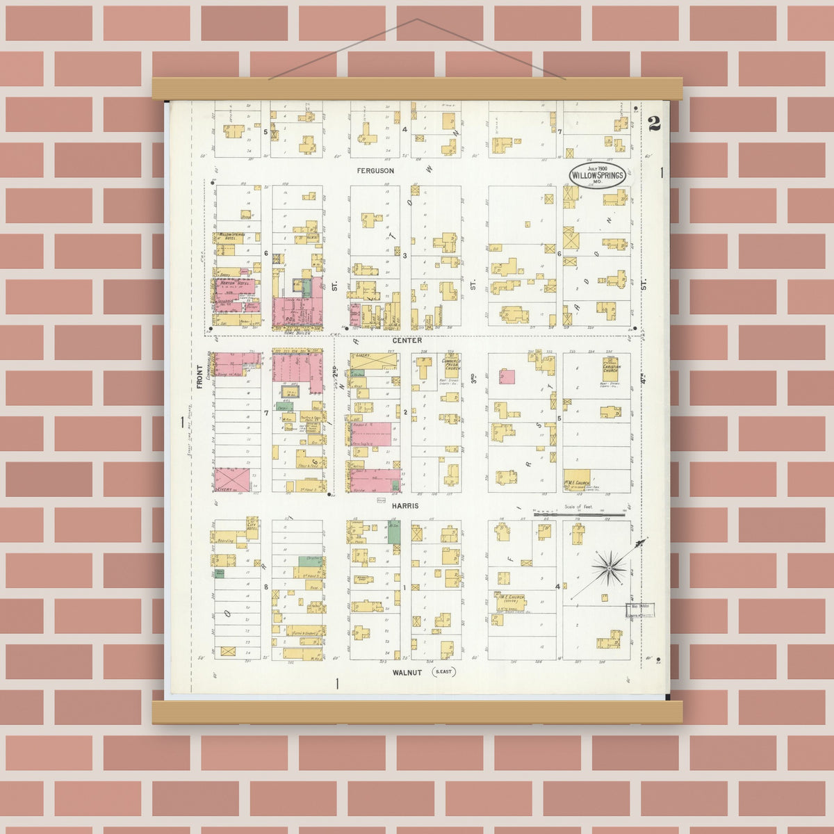 Old map wall art mockup — magnetic wood frame on brick wall — Sanborn Fire Insurance Map from Willow Springs, Howell County, Missouri (1900), Sheet #0002