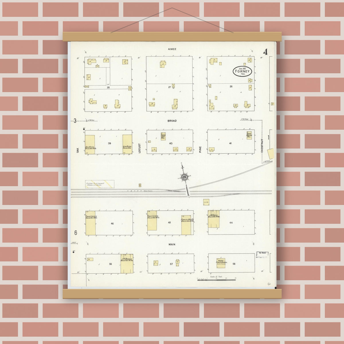 Old map wall art mockup — magnetic wood frame on brick wall — Sanborn Fire Insurance Map from Forney, Kaufman County, Texas (1912), Sheet #0004