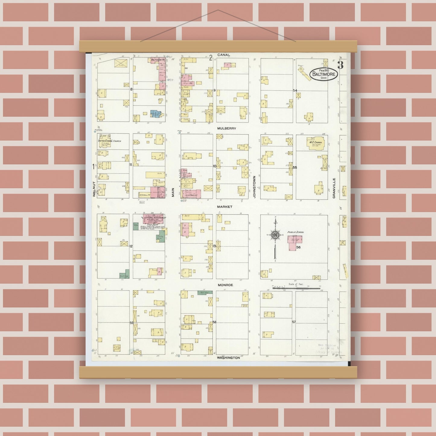 Old map wall art mockup — magnetic wood frame on brick wall — Sanborn Fire Insurance Map from Baltimore, Fairfield County, Ohio (1910), Sheet #0003