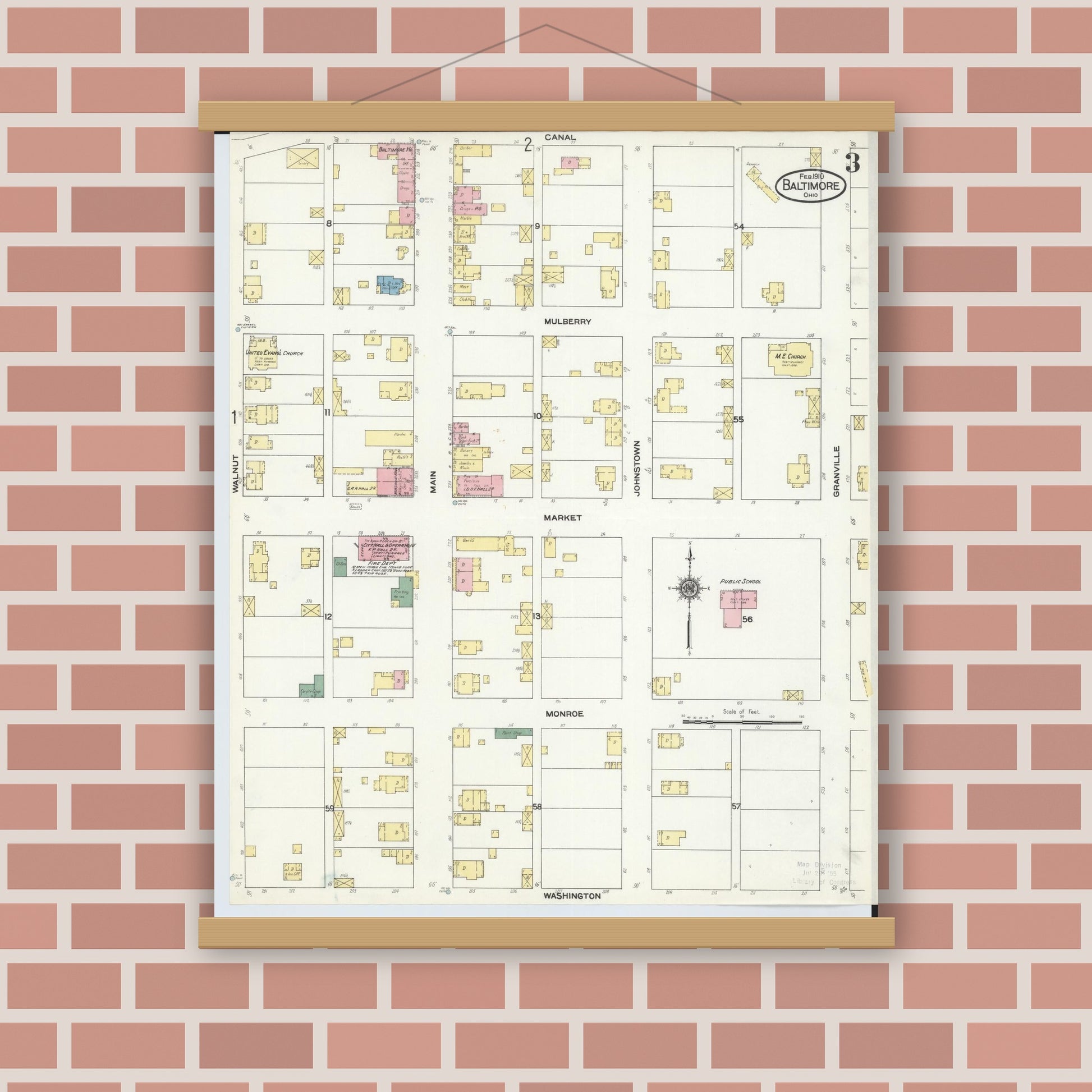 Old map wall art mockup — magnetic wood frame on brick wall — Sanborn Fire Insurance Map from Baltimore, Fairfield County, Ohio (1910), Sheet #0003