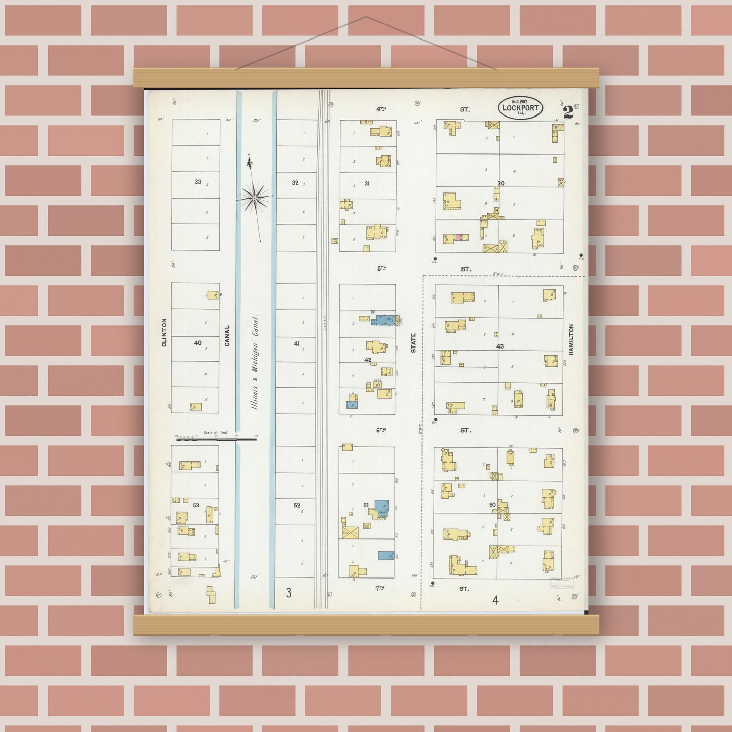Old map wall art mockup — magnetic wood frame on brick wall — Sanborn Fire Insurance Map from Lockport, Will County, Illinois (1902), Sheet #0002