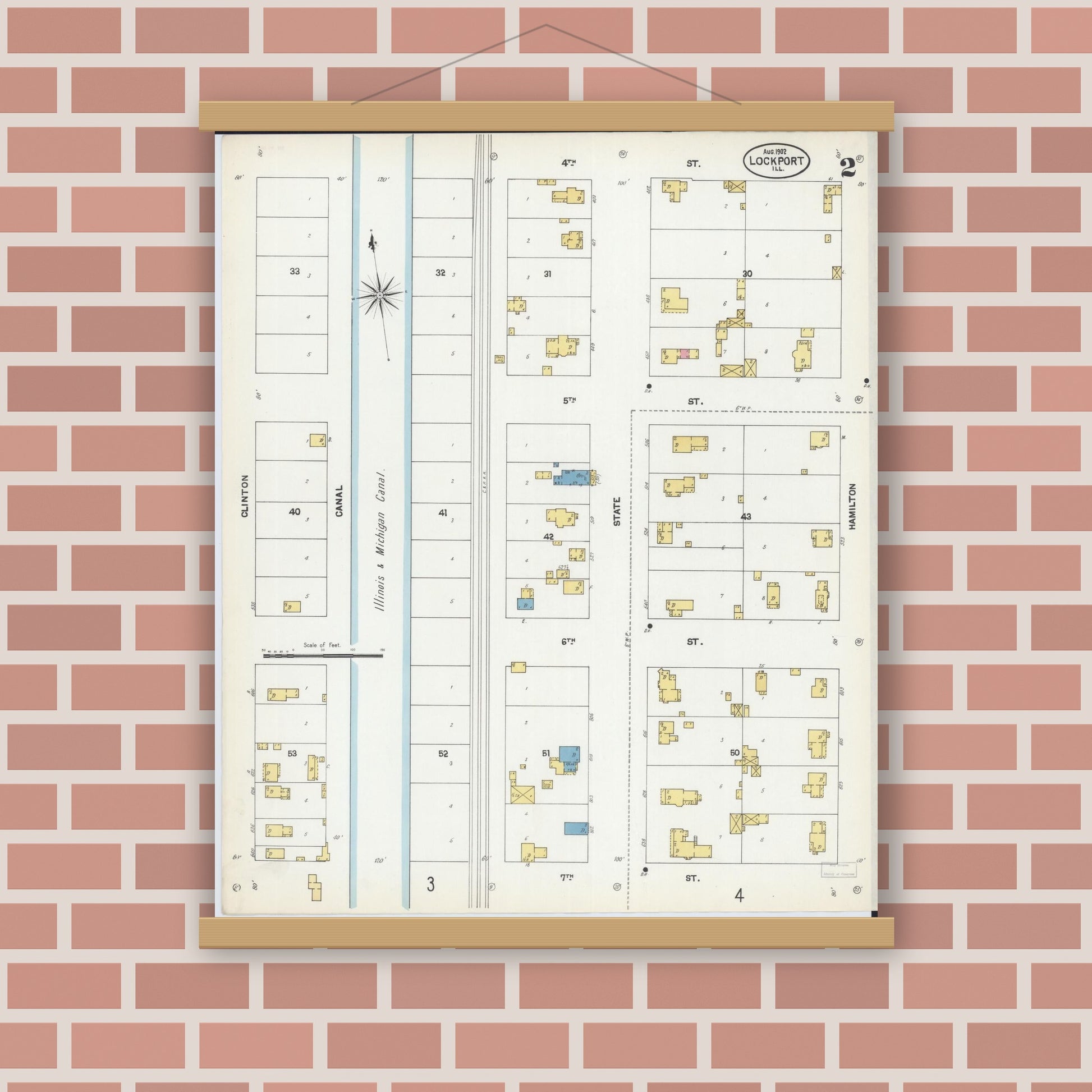 Old map wall art mockup — magnetic wood frame on brick wall — Sanborn Fire Insurance Map from Lockport, Will County, Illinois (1902), Sheet #0002