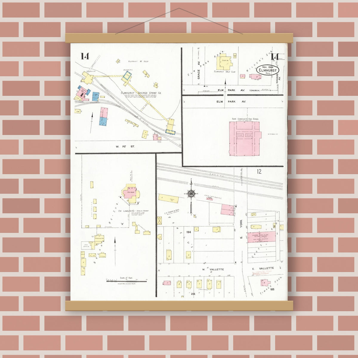 Old map wall art mockup — magnetic wood frame on brick wall — Sanborn Fire Insurance Map from Elmhurst, Du Page County, Illinois (1924), Sheet #0014