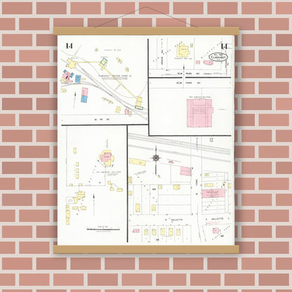 Old map wall art mockup — magnetic wood frame on brick wall — Sanborn Fire Insurance Map from Elmhurst, Du Page County, Illinois (1924), Sheet #0014