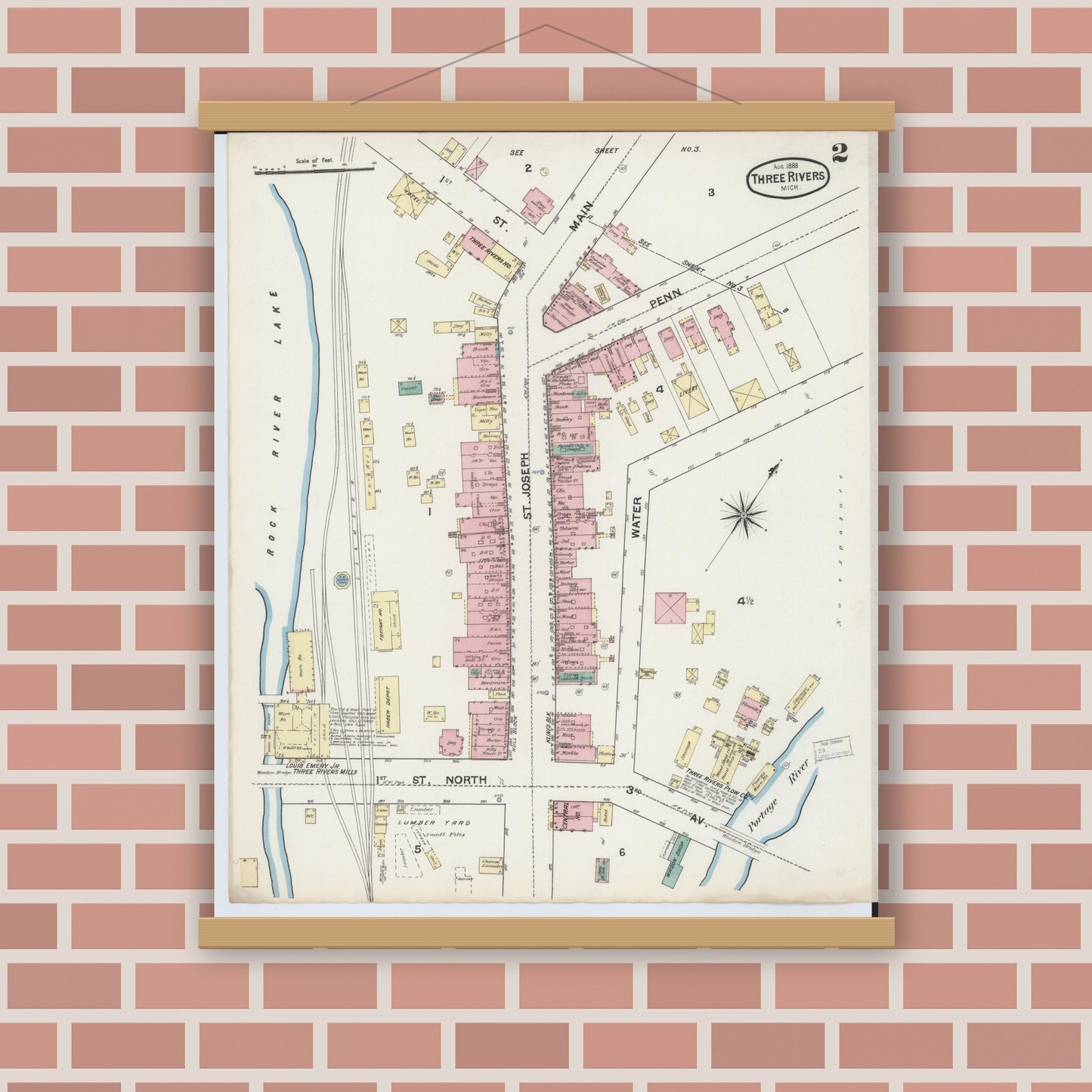 Old map wall art mockup — magnetic wood frame on brick wall — Sanborn Fire Insurance Map from Three Rivers, Saint Joseph County, Michigan (1888), Sheet #0002