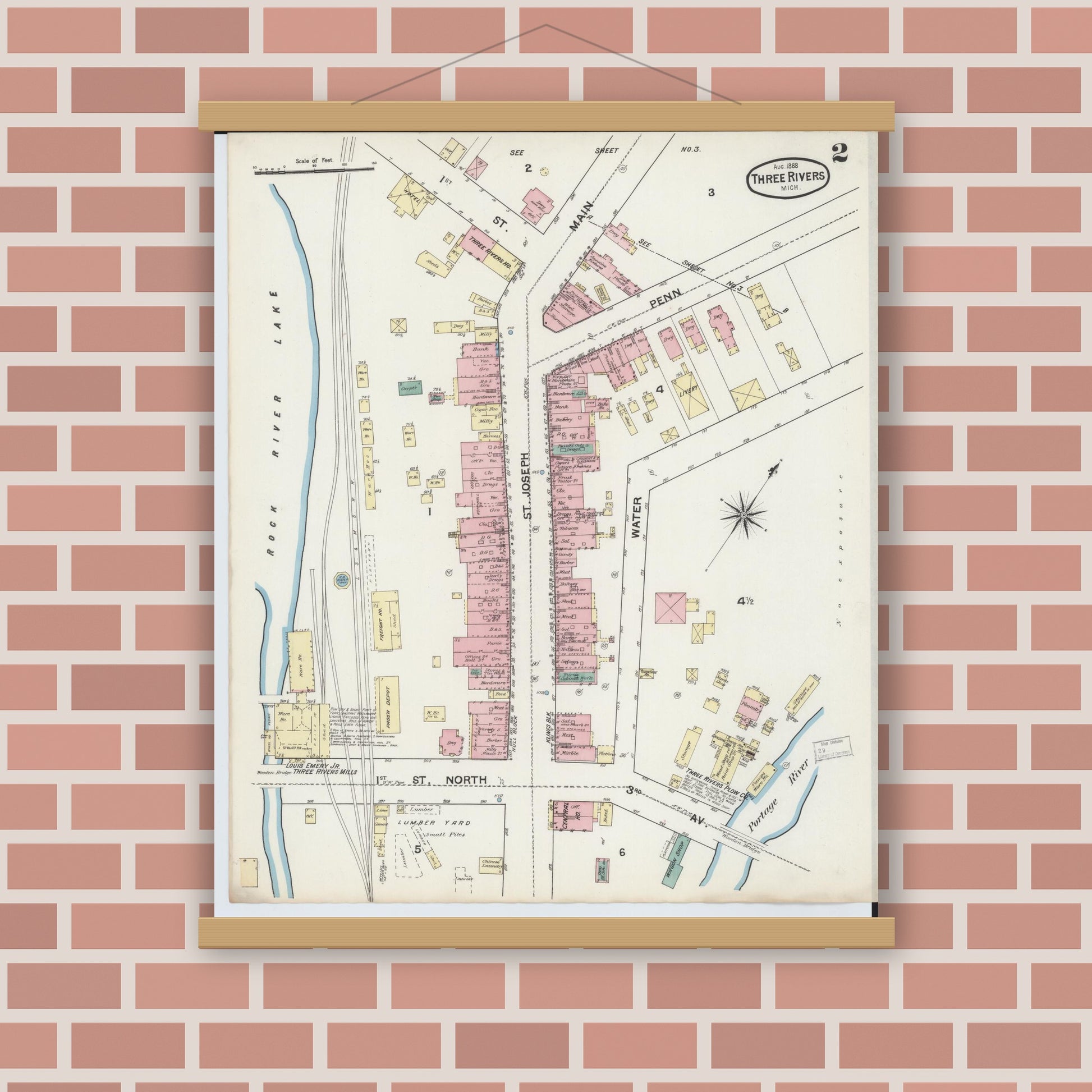 Old map wall art mockup — magnetic wood frame on brick wall — Sanborn Fire Insurance Map from Three Rivers, Saint Joseph County, Michigan (1888), Sheet #0002