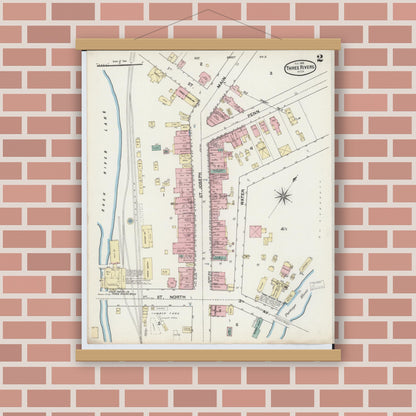 Old map wall art mockup — magnetic wood frame on brick wall — Sanborn Fire Insurance Map from Three Rivers, Saint Joseph County, Michigan (1888), Sheet #0002
