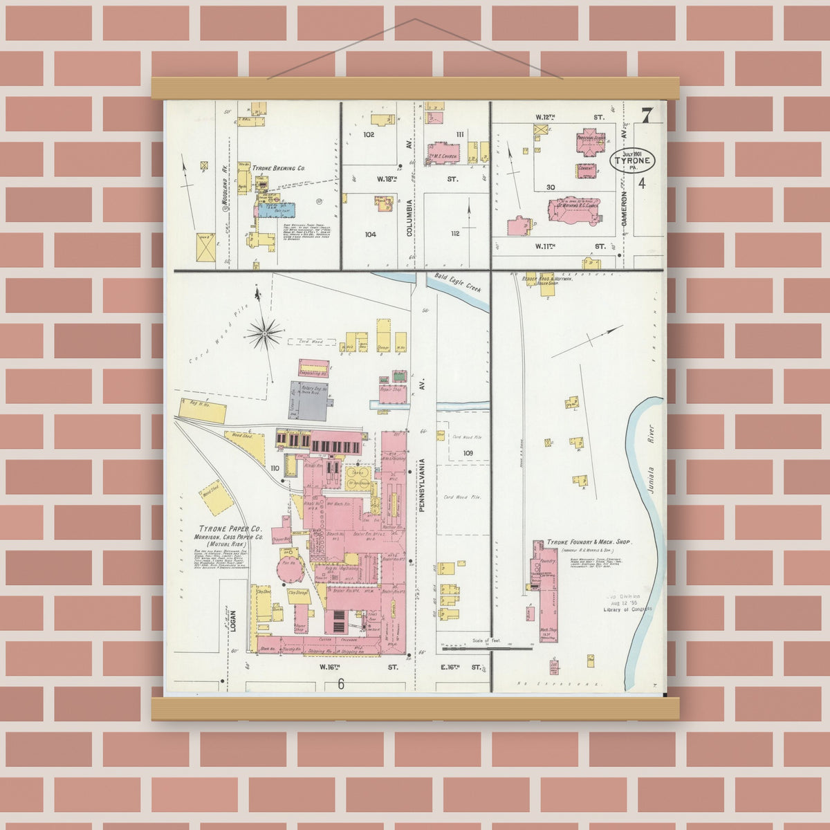 Old map wall art mockup — magnetic wood frame on brick wall — Sanborn Fire Insurance Map from Tyrone, Blair County, Pennsylvania (1901), Sheet #0007