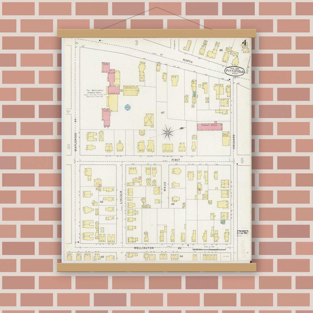 Old map wall art mockup — magnetic wood frame on brick wall — Sanborn Fire Insurance Map from Pittsfield, Berkshire County, Massachusetts (1895), Sheet #0004