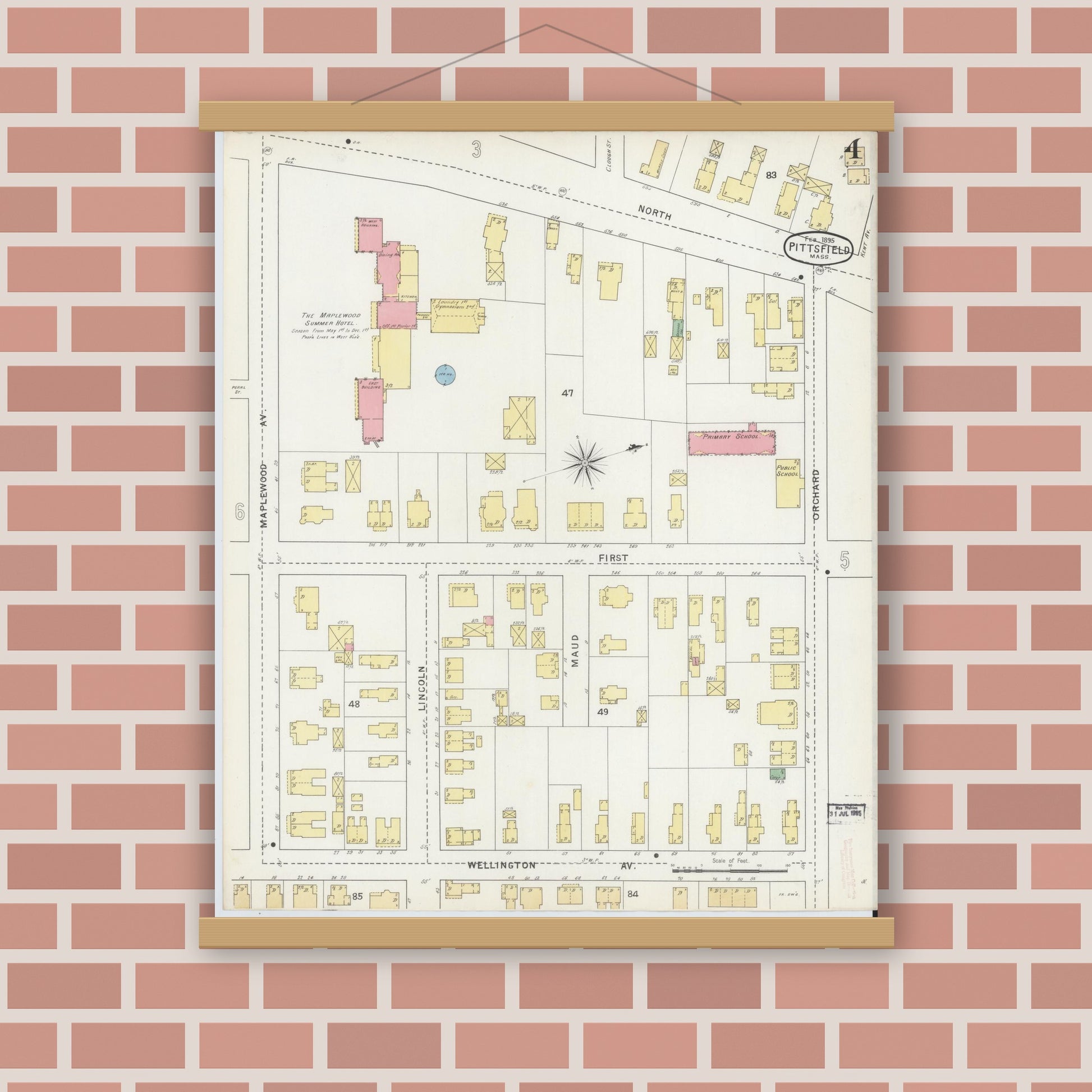 Old map wall art mockup — magnetic wood frame on brick wall — Sanborn Fire Insurance Map from Pittsfield, Berkshire County, Massachusetts (1895), Sheet #0004