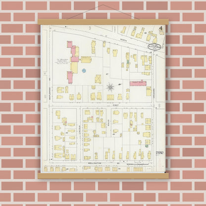 Old map wall art mockup — magnetic wood frame on brick wall — Sanborn Fire Insurance Map from Pittsfield, Berkshire County, Massachusetts (1895), Sheet #0004