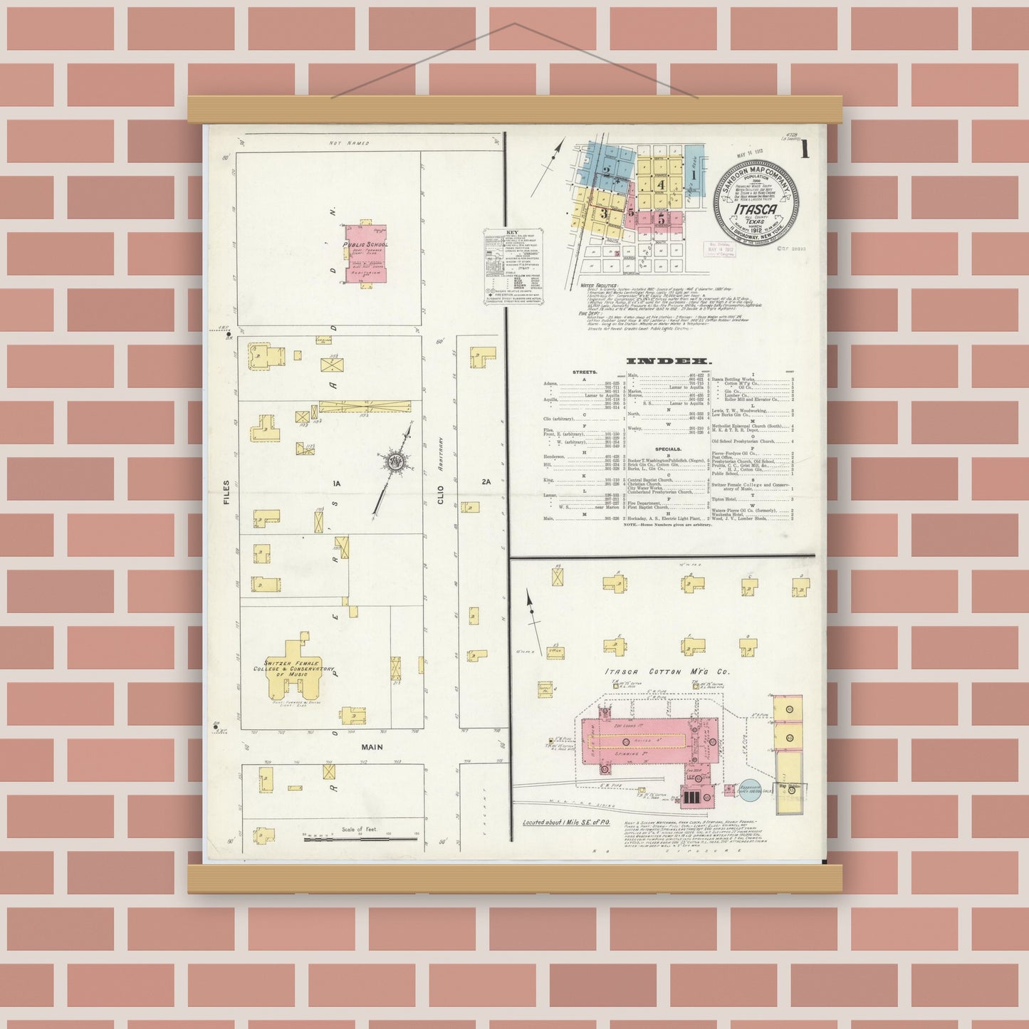 Old map wall art mockup — magnetic wood frame on brick wall — Sanborn Fire Insurance Map from Itasca, Hill County, Texas (1912) - Complete Map Set