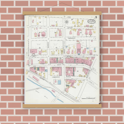 Old map wall art mockup — magnetic wood frame on brick wall — Sanborn Fire Insurance Map from Galena, Jo Daviess County, Illinois (1893), Sheet #0003